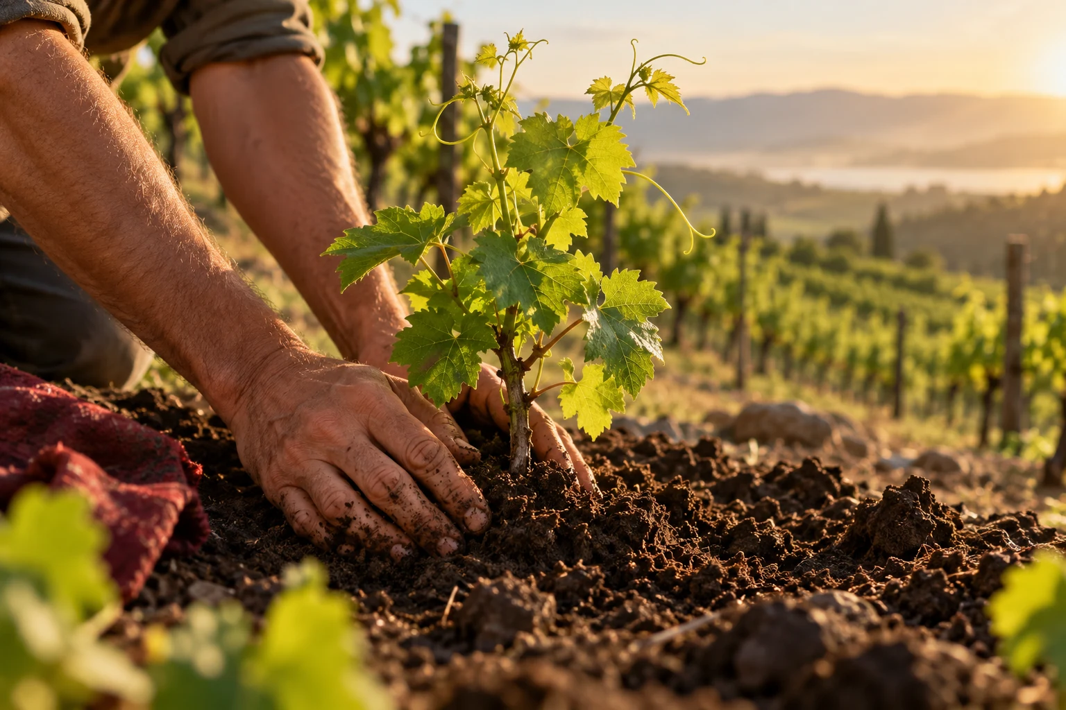 Hands planting a young grapevine in rich soil